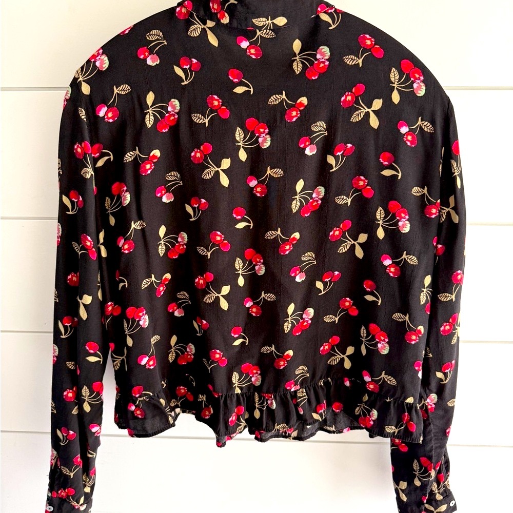 Zara Black Blouse with Red Cherry Print, Size M - Picture 2 of 6